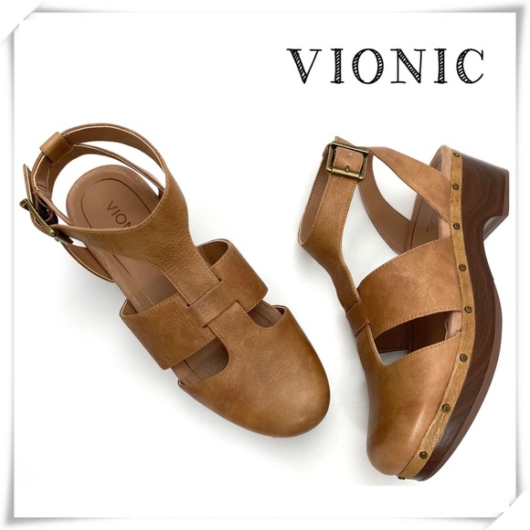 Vionic Shoes - Vionic Faye Leather Ankle strap Clogs Tan Brown